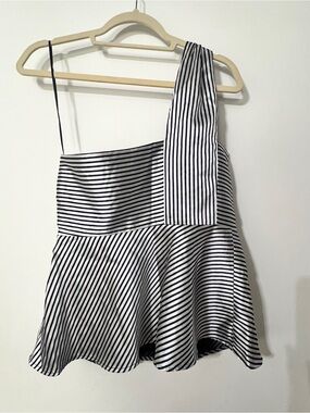 Banana Rep  striped 1 shoulder peplum top contrasting diagonal stripe blue gray
